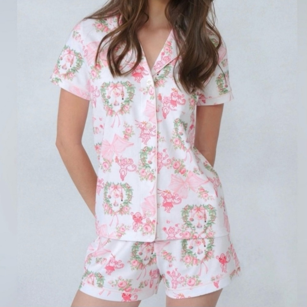 NWT Roller Rabbit x Love Shack Fancy Merry Monkey Beaux Polo PJS Holiday Pink